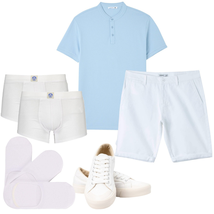 Outfit uomo - Tutto chiaro. Stile Casual per Tutti i giorni. Abbinamento con t-shirt, bermuda, calzini, boxer, sneakers.