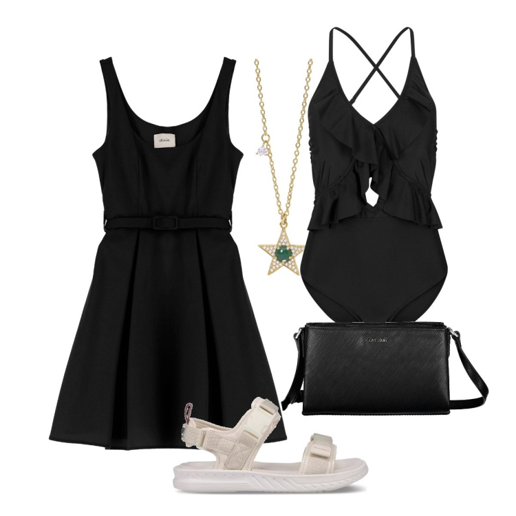 Outfit donna - Notte di San Lorenzo*. Stile Basic per Serata fuori. Abbinamento con costumi interi, collane, sandali, vestiti corti, borse a spalla.