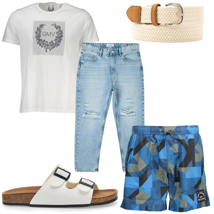 Outfit uomo - Total look #1930968. Stile Trendy per Mare. Abbinamento con jeans strappati, costumi, t-shirt, cinture, sandali.
