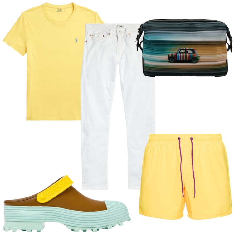 Outfit uomo - Total look #1930970. Stile Trendy per Mare. Abbinamento con jeans, t-shirt, borse sportive, costumi, sandali.