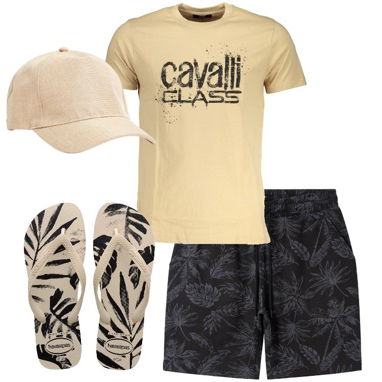 Outfit uomo - Vacanze al mare. Stile Casual per Mare. Abbinamento con bermuda, cappelli, t-shirt, sandali.