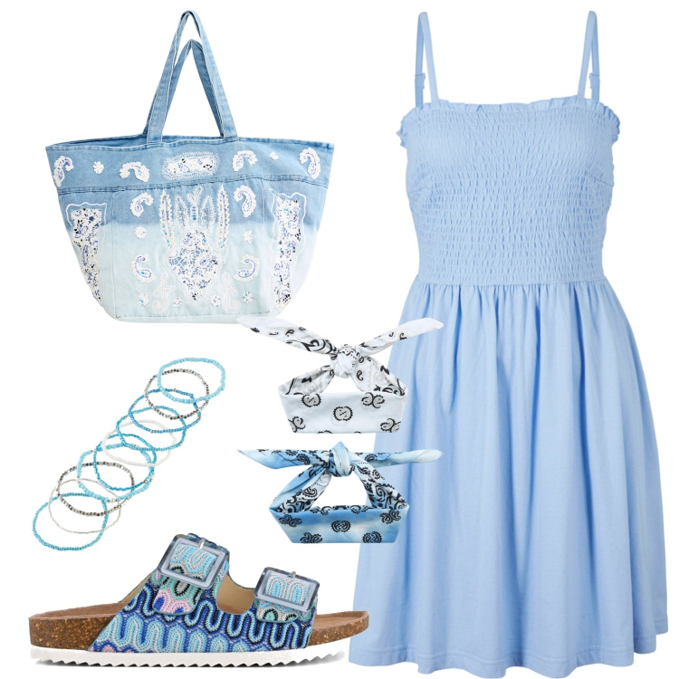 Outfit donna - In spiaggia con stile. Stile Bon Ton per Mare. Abbinamento con braccialetti, vestiti, fasce per capelli, shopping bag, sandali.