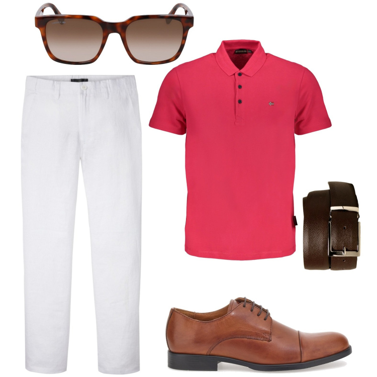 Outfit uomo - Outfit ufficio. Stile Casual per Tutti i giorni. Abbinamento con pantaloni, scarpe stringate, cinture, occhiali da sole, polo.