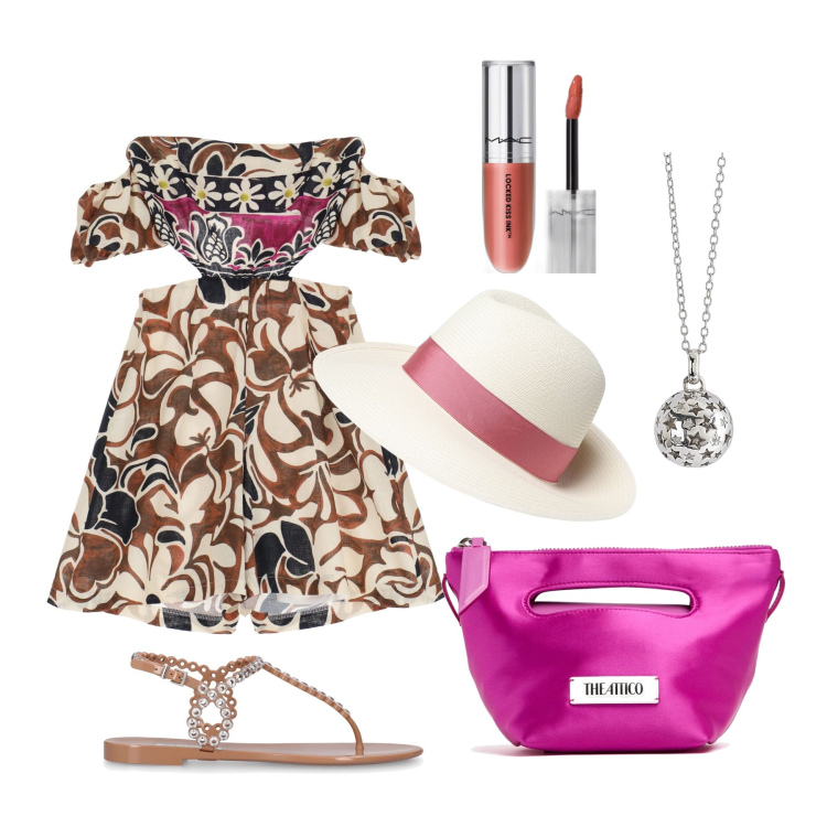 Outfit donna - Ghost outfitter - agosto. Stile Glamour per Tutti i giorni. Abbinamento con rossetti, ciondoli, tute, sandali, cappelli, borse a mano.
