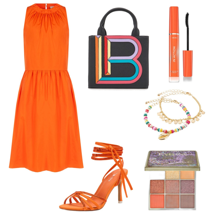 Outfit donna - L\'abito arancione. Stile Bon Ton per Serata fuori. Abbinamento con braccialetti con ciondoli, ombretti, mascara, sandali alla schiava, vestiti midi/longuette, borse a mano.