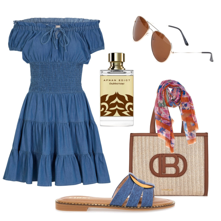 Outfit donna - Ciabattine e abito in jeans. Stile Trendy per Tutti i giorni. Abbinamento con vestiti corti, profumi, ciabatte, borse a spalla, occhiali da sole, sciarpe.