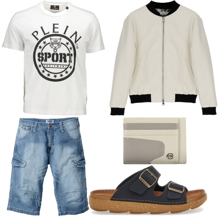 Outfit uomo - Shorts denim. Stile Casual per Tutti i giorni. Abbinamento con bermuda, giacche, sandali, t-shirt, portafogli.