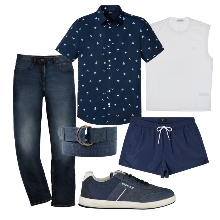 Outfit uomo - Blu Navi!!!. Stile Casual per Tutti i giorni. Abbinamento con jeans dritti, camicie a manica corta, costumi, t-shirt, cinture, sneakers.