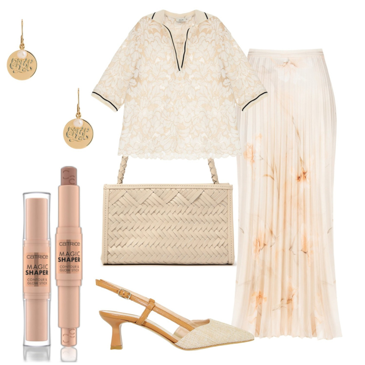 Outfit donna - Total look #1931067. Stile Chic per Ufficio. Abbinamento con terre, gonne longuette, sandali col tacco, orecchini, bluse, borse a spalla.