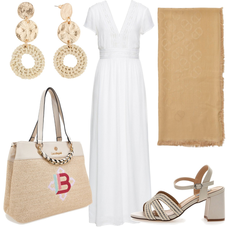 Outfit donna - Il pranzo di lavoro. Stile Boho per Tutti i giorni. Abbinamento con vestiti lunghi, orecchini, sandali col tacco, foulard, borse a mano.