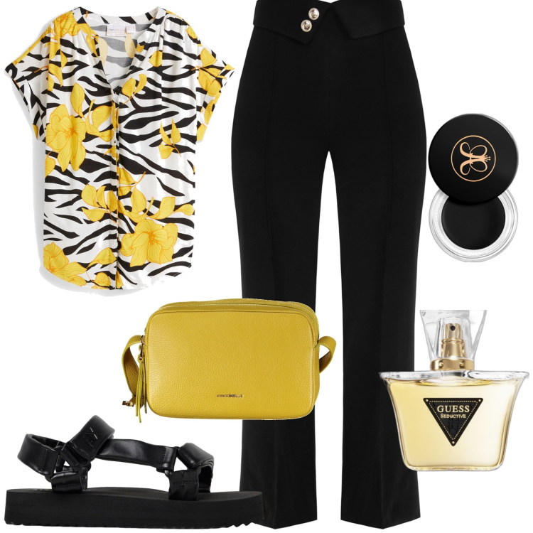Outfit donna - Tiger flower. Stile Casual chic per Ufficio. Abbinamento con camicie, profumi, ombretti, pantaloni a palazzo, borse a tracolla, sandali in pelle.