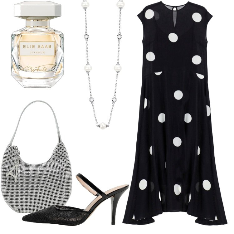 Outfit donna - Chic a pois!. Stile Chic per Serata fuori. Abbinamento con profumi, collane, vestiti lunghi, scarpe col tacco, borse a spalla.