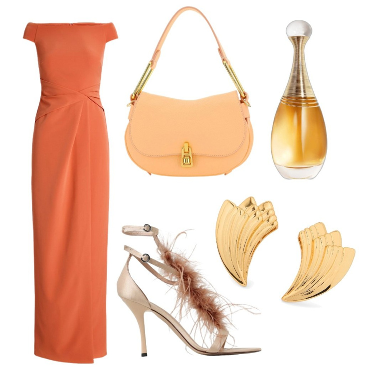 Outfit donna - Cerimonia al tramonto. Stile Chic per Cerimonia. Abbinamento con profumi, vestiti lunghi, sandali col tacco, borse a spalla, orecchini.