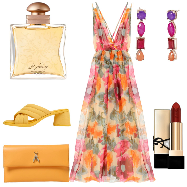 Outfit donna - Summer sunset. Stile Romantica per Serata fuori. look ideale per Tall. Abbinamento con rossetti, profumi, orecchini, vestiti lunghi, clutch, sandali in pelle.