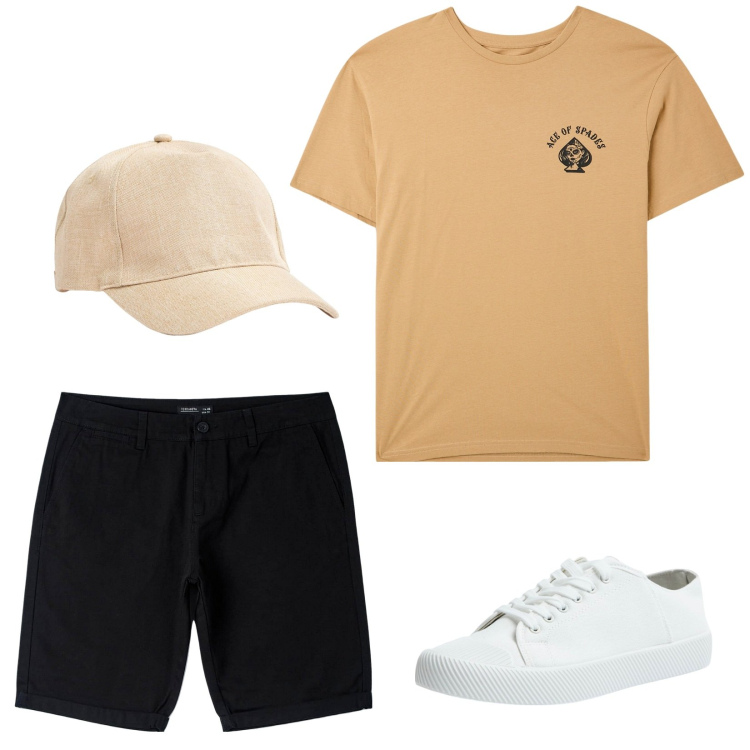 Outfit uomo - Comodità casalinga. Stile Casual per Tutti i giorni. Abbinamento con t-shirt, sneakers, bermuda, cappelli.