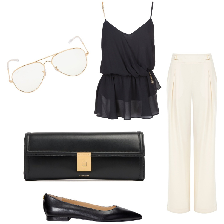 Outfit donna - Cerimonia. Stile Basic per Tutti i giorni. look ideale per Petite. Abbinamento con pantaloni a palazzo, top, ballerine, occhiali da sole, clutch.