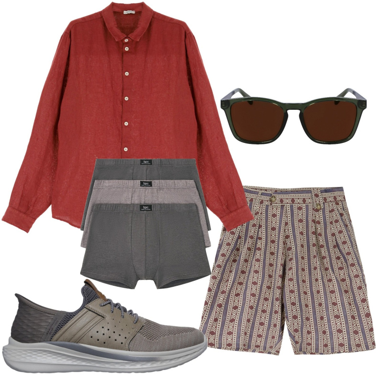 Outfit uomo - Bermuda a pois. Stile Casual per Tutti i giorni. Abbinamento con boxer, bermuda, camicie, occhiali da sole, sneakers.