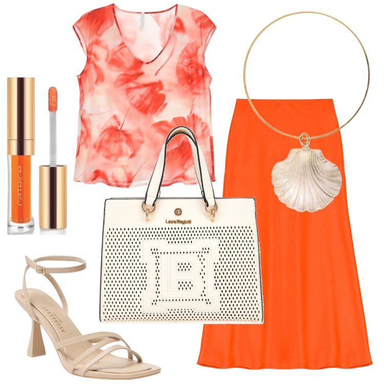 Outfit donna - Chic estivo. Stile Chic per Ufficio. Abbinamento con rossetti, sandali col tacco, gonne longuette, canottiere, braccialetti, borse a mano.