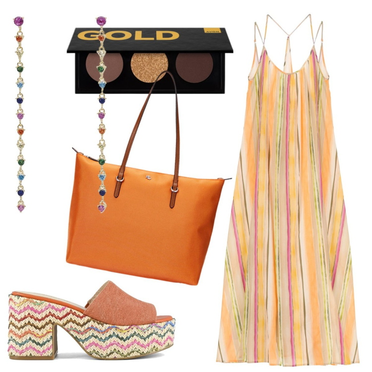 Outfit donna - Serata colorata. Stile Boho per Serata fuori. Abbinamento con ombretti, vestiti lunghi, orecchini, borse tote, sandali.