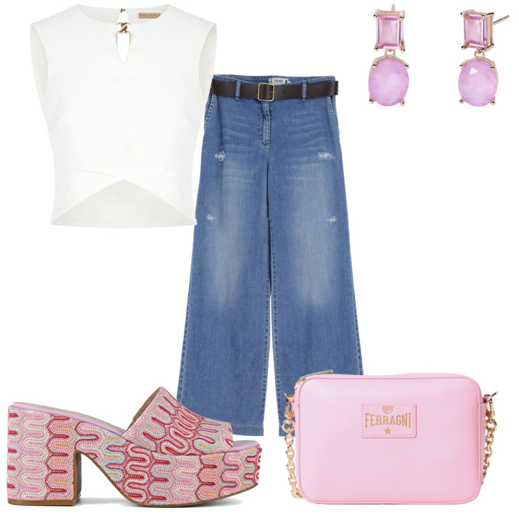 Outfit donna - Jeans e top per la città. Stile Glamour per Tutti i giorni. Abbinamento con orecchini, jeans dritti, top, sabot, borse a spalla.