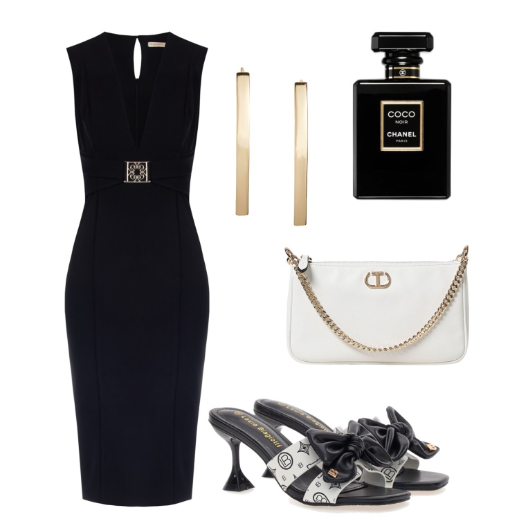 Outfit donna - L’immancabile tubino nero. Stile Bon Ton per Serata fuori. Abbinamento con profumi, vestiti a tubino, orecchini, borse a spalla, ciabatte.