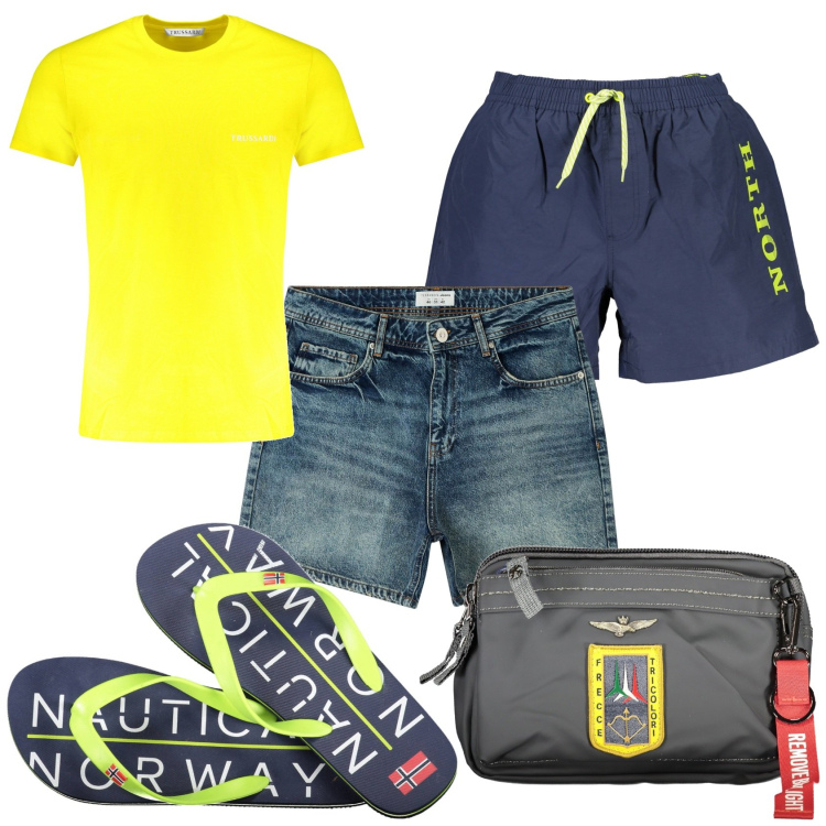 Outfit uomo - Vengo al mare. Stile Casual per Mare. Abbinamento con shorts, borse sportive, sandali, costumi, t-shirt.