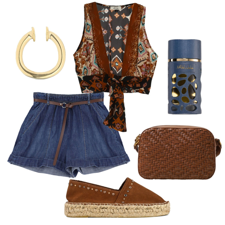 Outfit donna - Vacanza etnica. Stile Etnico per Tutti i giorni. Abbinamento con profumi, shorts, top, espadrillas, borse a tracolla, orecchini.