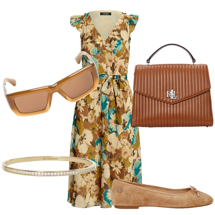 Outfit donna - Agosto in città. Stile Bon Ton per Ufficio. Abbinamento con braccialetti, ballerine, vestiti, borse a mano, occhiali da sole.