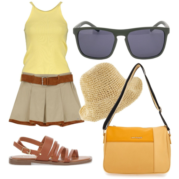Outfit donna - Io e Silvia. Stile Casual chic per Mare. Abbinamento con cappelli, minigonne, canottiere, sandali in pelle, borse a tracolla, occhiali da sole.