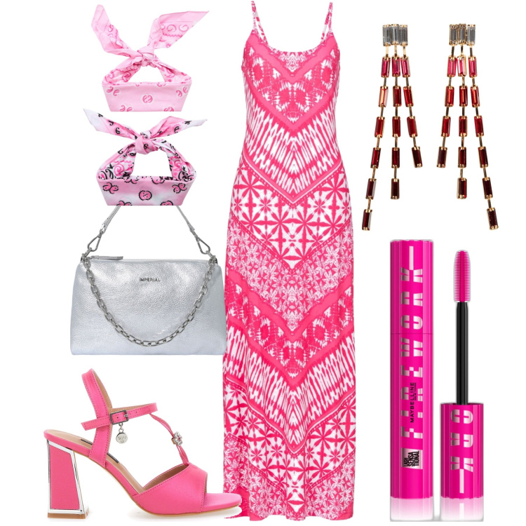 Outfit donna - Total look #1931204. Stile Casual chic per Tutti i giorni. Abbinamento con orecchini, vestiti lunghi, mascara, fasce per capelli, pochette, sandali col tacco.