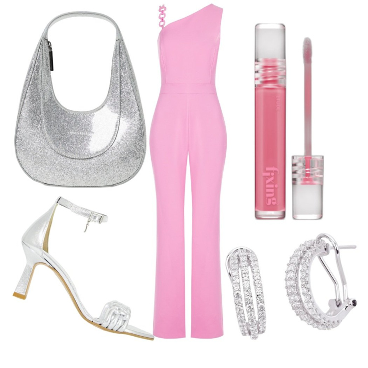 Outfit donna - Rosa e argento. Stile Chic per Cerimonia. Abbinamento con rossetti, orecchini, tute, décolleté, borse a spalla.