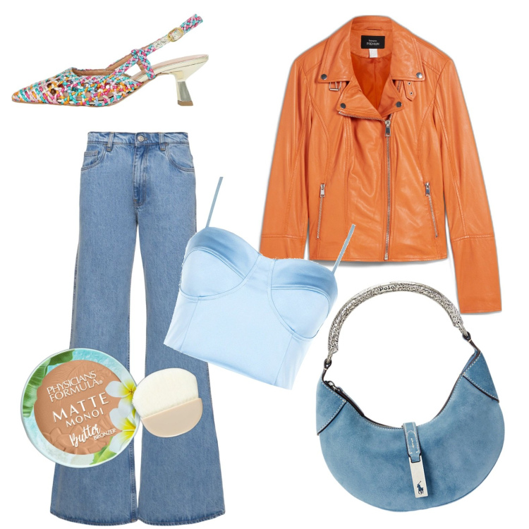 Outfit donna - Aperitivo lungomare. Stile Casual chic per Serata fuori. Abbinamento con blazer, terre, top, sandali in pelle, borse a spalla, pantaloni.