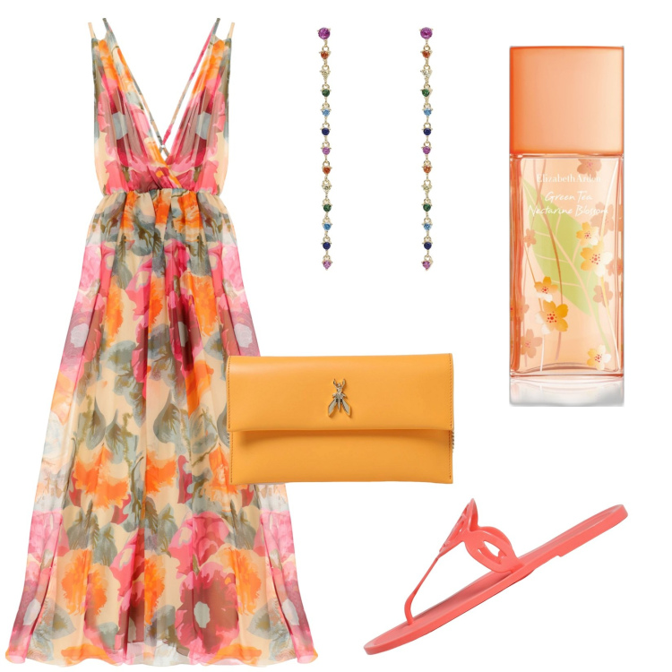 Outfit donna - Floreale arancione. Abbinamento con profumi, orecchini, vestiti lunghi, ciabatte, clutch.