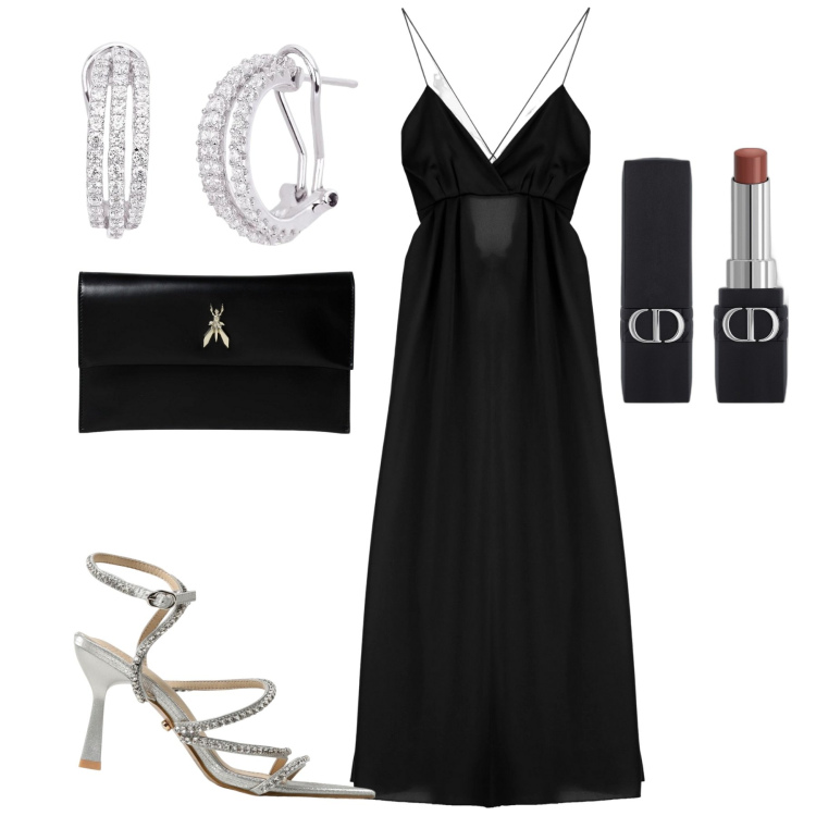 Outfit donna - Regina della festa. Stile Chic per Serata fuori. Abbinamento con rossetti, orecchini, vestiti lunghi, clutch, sandali col tacco.