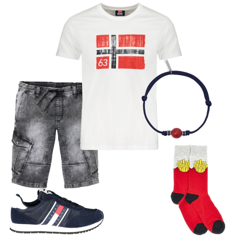 Outfit uomo - Bermuda denim. Stile Casual per Tutti i giorni. Abbinamento con braccialetti, bermuda, calzini, t-shirt, sneakers.