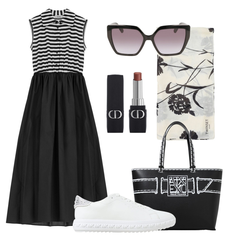 Outfit donna - L’abitino fresco con le sneakers. Stile Trendy per Tutti i giorni. Abbinamento con rossetti, vestiti midi/longuette, sneakers, sciarpe, borse a spalla, occhiali da sole.