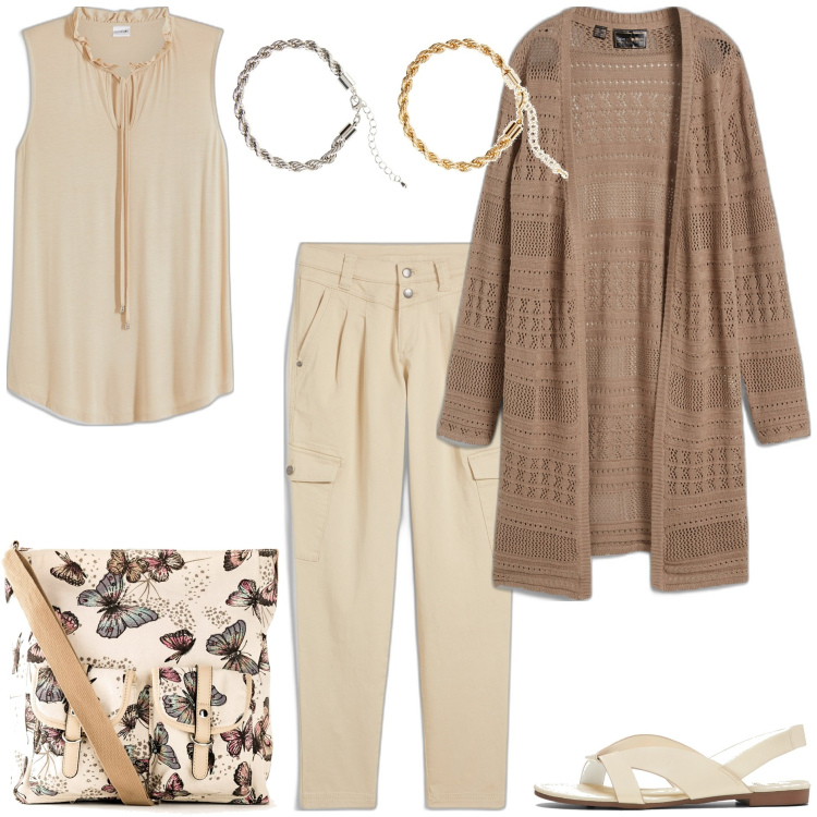 Outfit donna - Summer essentials. Stile Casual per Tutti i giorni. Abbinamento con borse a tracolla, cardigans, top, pantaloni cargo, sandali, braccialetti.