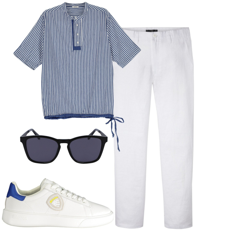 Outfit uomo - Estate. Stile Trendy per Tutti i giorni. Abbinamento con pantaloni, camicie a manica corta, sneakers, occhiali da sole.
