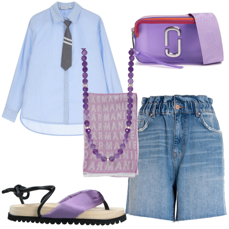 Outfit donna - Total look #1931259. Stile Casual per Tutti i giorni. Abbinamento con infradito, collane, camicie, bermuda, sciarpe, borse a spalla.