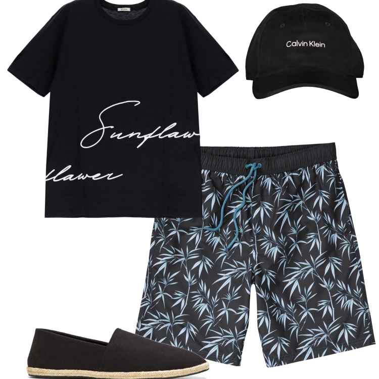 Outfit uomo - Al mare. Stile Casual per Mare. Abbinamento con espadrillas, pantaloni corti, t-shirt, cappelli con visiera.
