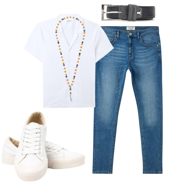 Outfit uomo - Agosto. Stile Urban per Tutti i giorni. Abbinamento con camicie a manica corta, jeans slim fit, collane, sneakers, cinture.