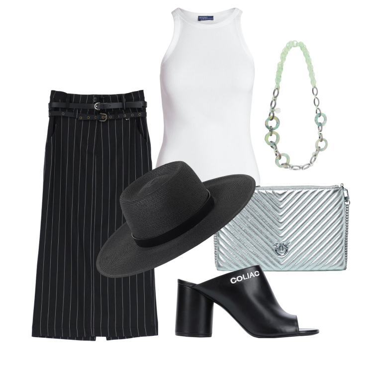 Outfit donna - Ghost outfitter - agosto. Stile Trendy per Tutti i giorni. Abbinamento con sandali in pelle, canottiere, gonne lunghe, collane, borse a mano, cappelli.