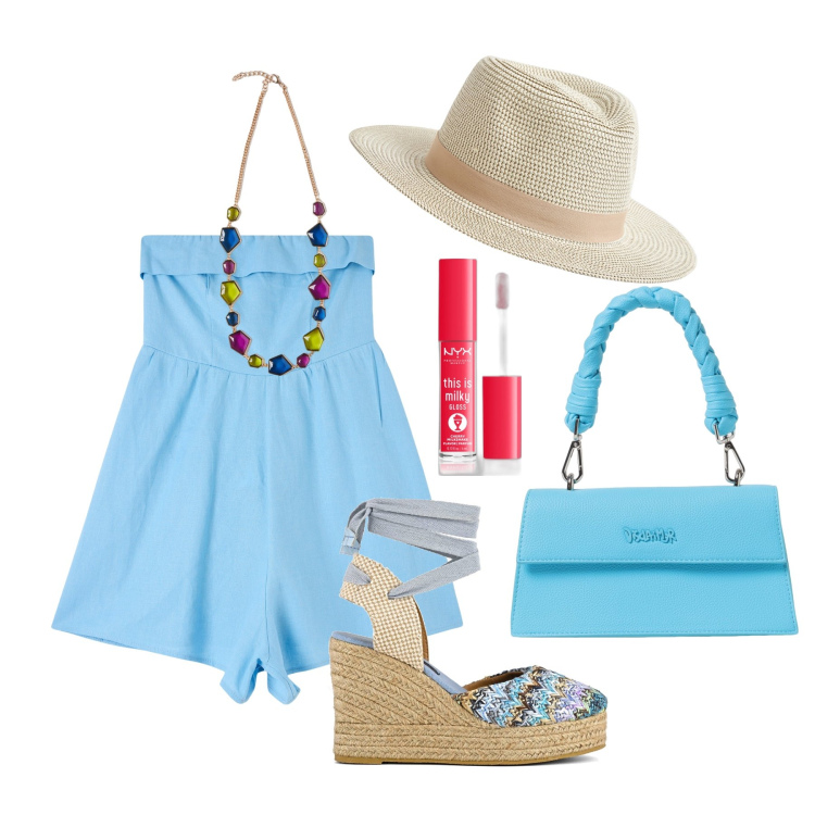 Outfit donna - Ghost outfitter - agosto. Stile Glamour per Tutti i giorni. Abbinamento con gloss, tuta corta, cappelli, borse a spalla, sandali col tacco, collane.