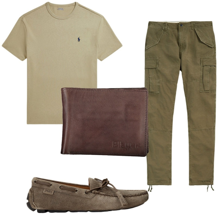 Outfit uomo - Total look #1931318. Stile Casual per Tutti i giorni. Abbinamento con scarpe stringate, pantaloni cargo, t-shirt, portafogli.