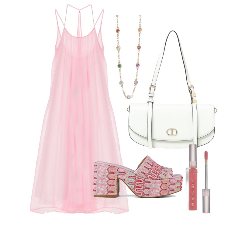 Outfit donna - Ghost outfitter - agosto. Stile Romantica per Tutti i giorni. Abbinamento con gloss, collane, vestiti lunghi, sabot, borse a spalla.