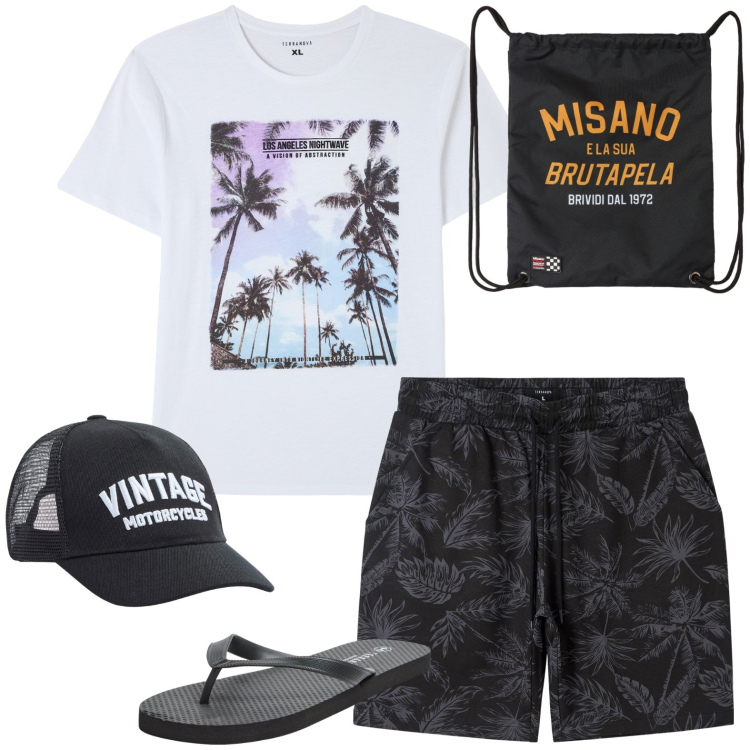Outfit uomo - Vacanza low cost. Stile Casual per Mare. Abbinamento con bermuda, t-shirt, borse sportive, cappelli, sandali.