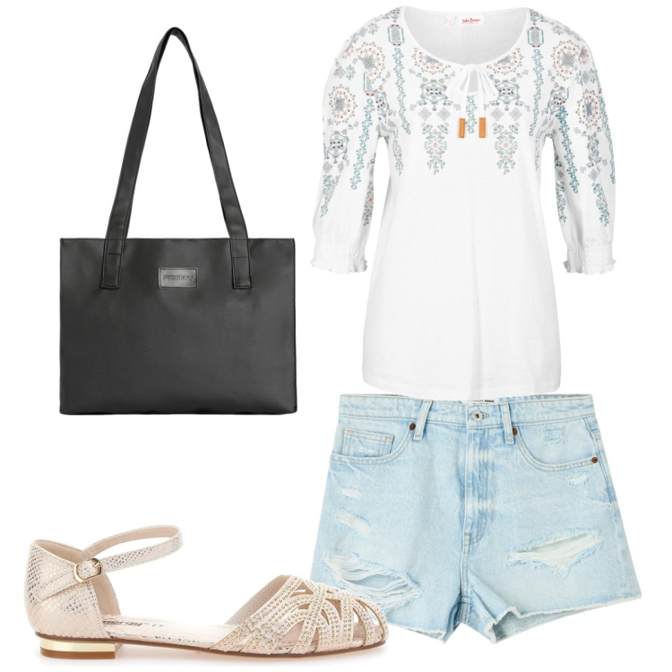 Outfit donna - Total look #1931331. Stile Trendy per Tutti i giorni. Abbinamento con bluse, shorts, shopping bag, sandali gioiello.
