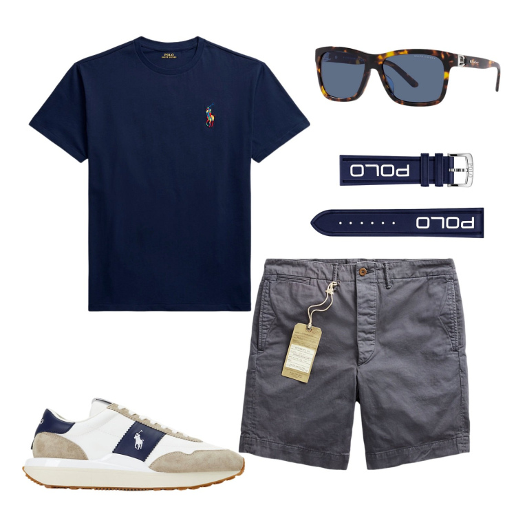 Outfit uomo - Total Lauren. Stile Casual per Tutti i giorni. Abbinamento con sneakers, polo, t-shirt, pantaloni chino, occhiali da sole.