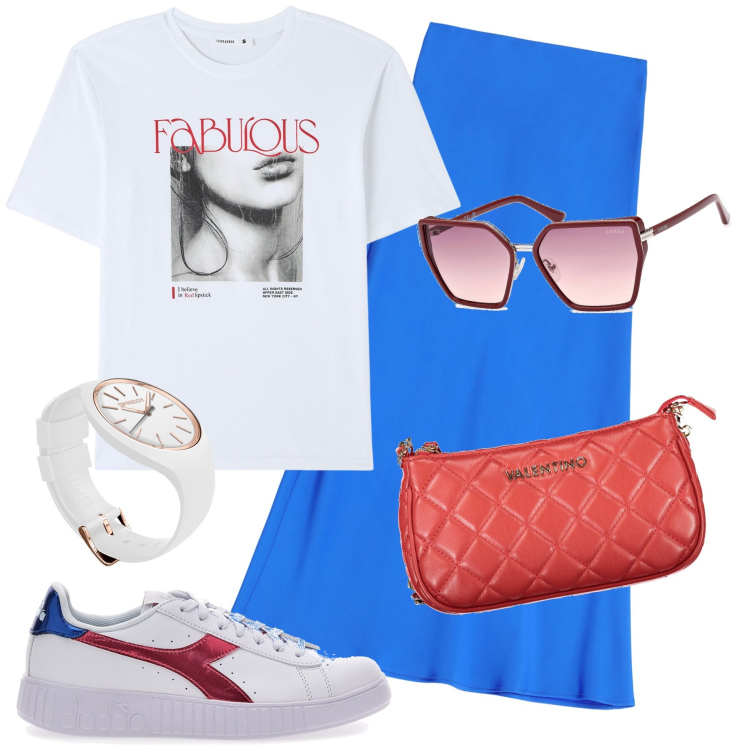 Outfit donna - Gonna in raso con le sneakers 2. Stile Urban per Tutti i giorni. Abbinamento con gonne longuette, orologi, t-shirt, occhiali da sole, borse a spalla, sneakers.