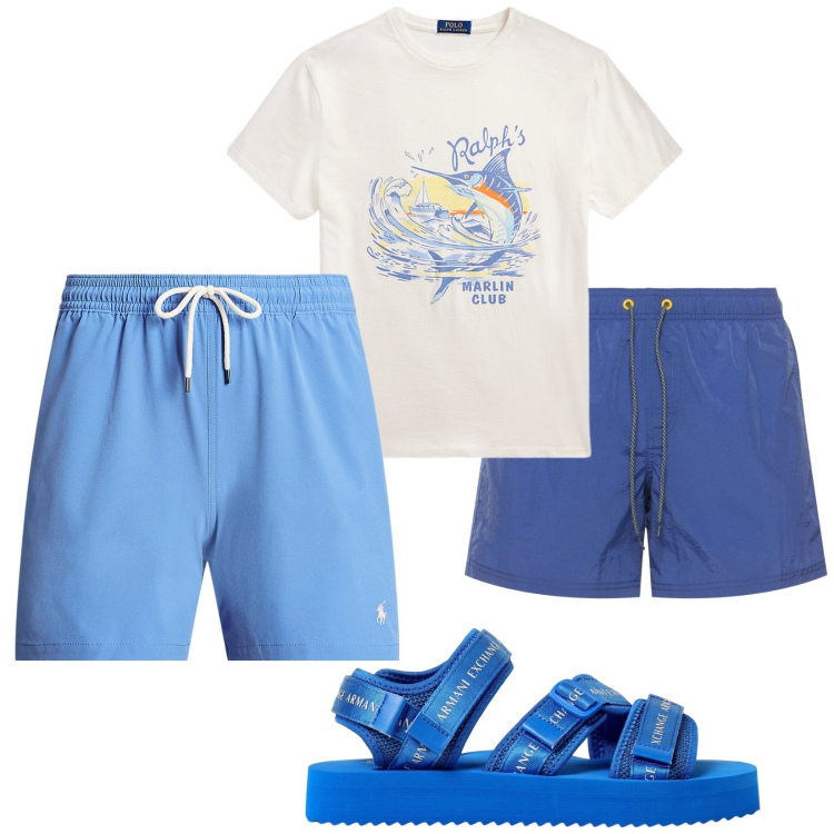 Outfit uomo - Total look #1931378. Stile Casual per Mare. Abbinamento con costumi, t-shirt, shorts, sandali.